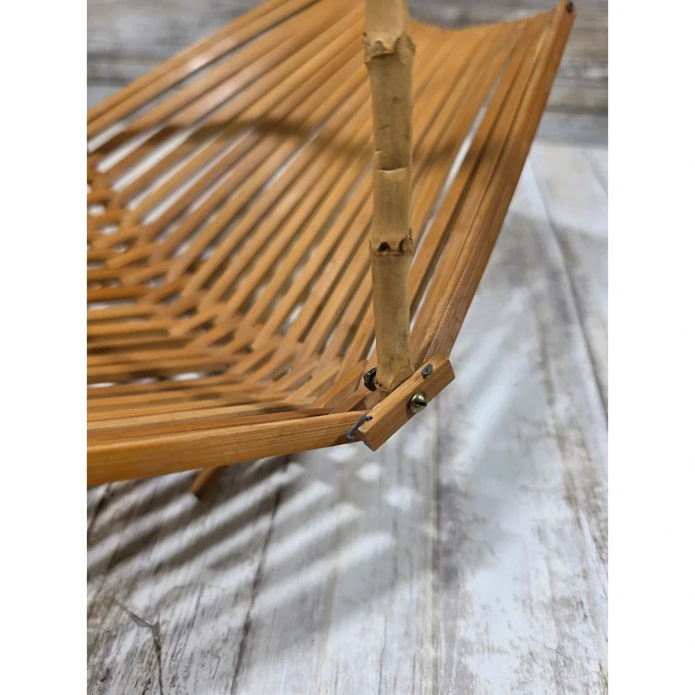 Vintage Bamboo Slat Collapsible Fruit Basket Wood Handle Accordion Bowl Brown